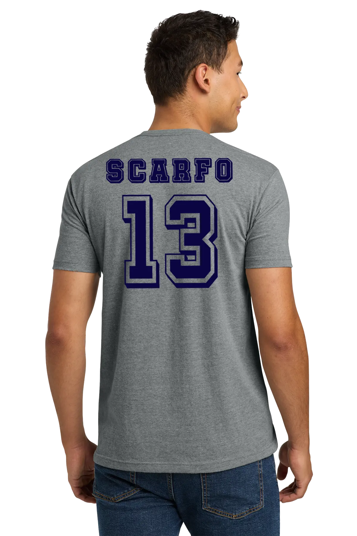 Person wearing a gray t-shirt with 'Scarfo' and number '13' on the back. Paper Street Print Co, Blairstown, NJ.