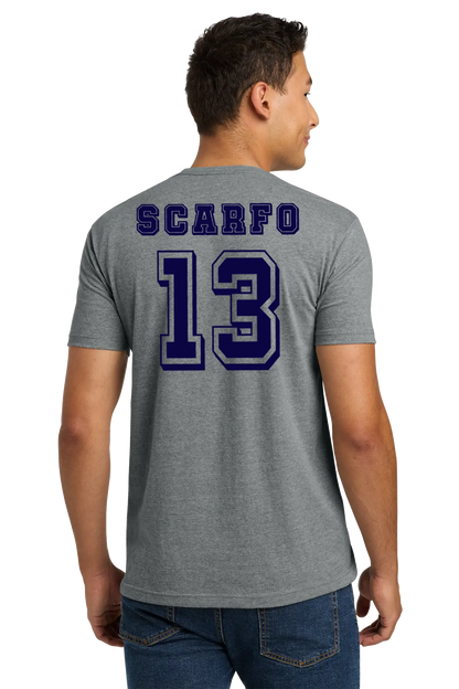 Person wearing a gray t-shirt with 'Scarfo' and number '13' on the back. Paper Street Print Co, Blairstown, NJ.