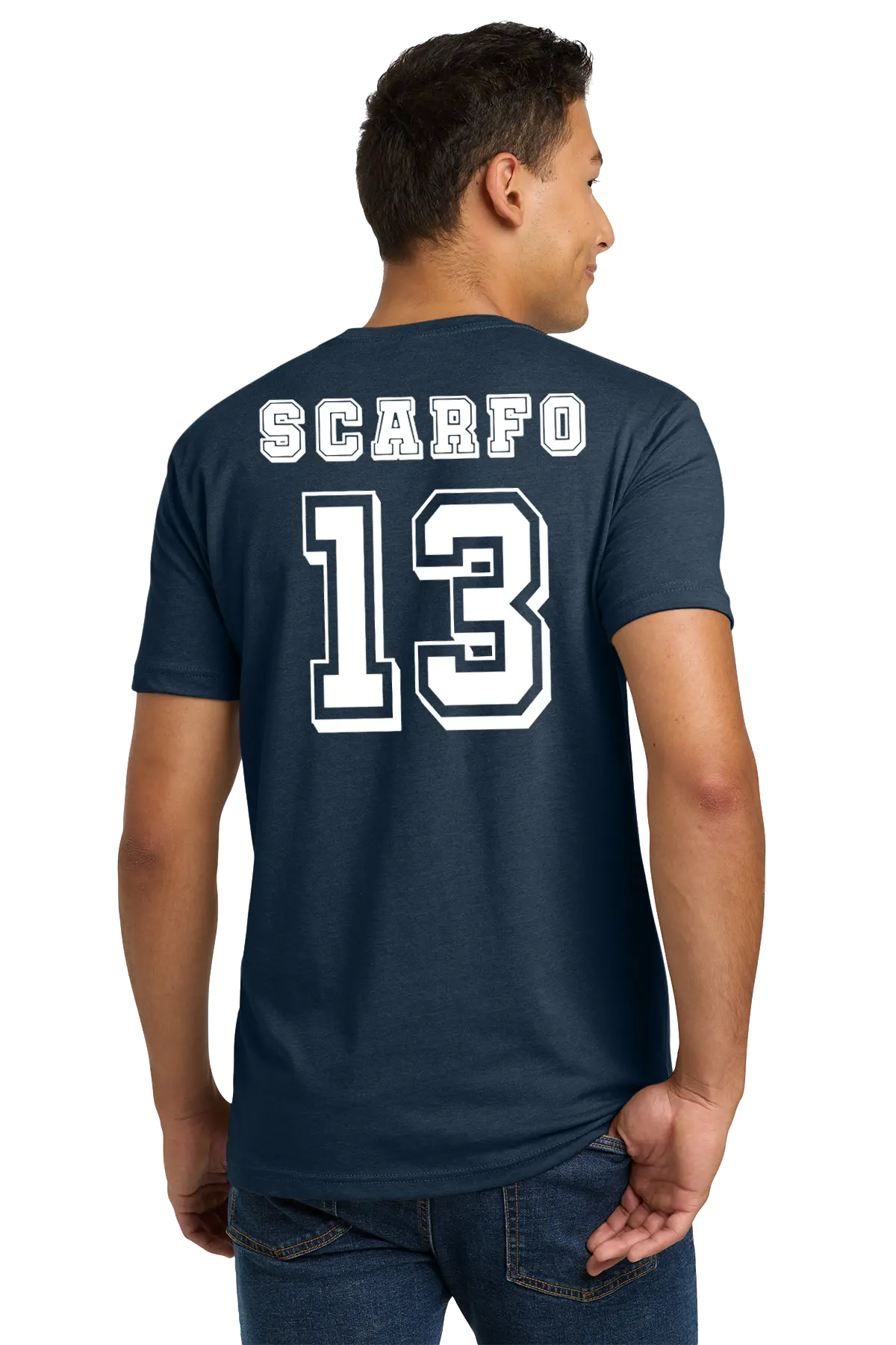 Person wearing a navy blue t-shirt with 'Scarfo' and number '13' on the back. Paper Street Print Co, Blairstown, NJ.