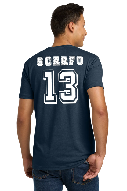 Person wearing a navy blue t-shirt with 'Scarfo' and number '13' on the back. Paper Street Print Co, Blairstown, NJ.