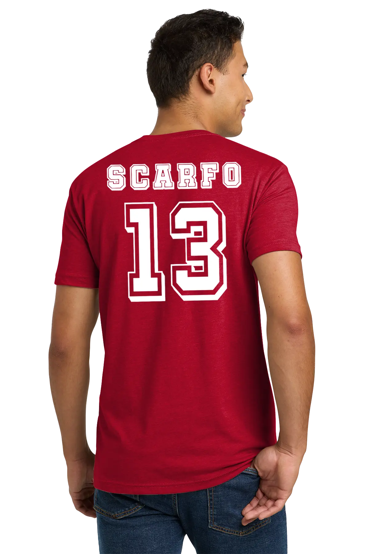 Person wearing a red t-shirt with 'SCARFO 13' printed on the back. Paper Street Print Co, Blairstown, NJ.