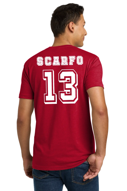Person wearing a red t-shirt with 'SCARFO 13' printed on the back. Paper Street Print Co, Blairstown, NJ.