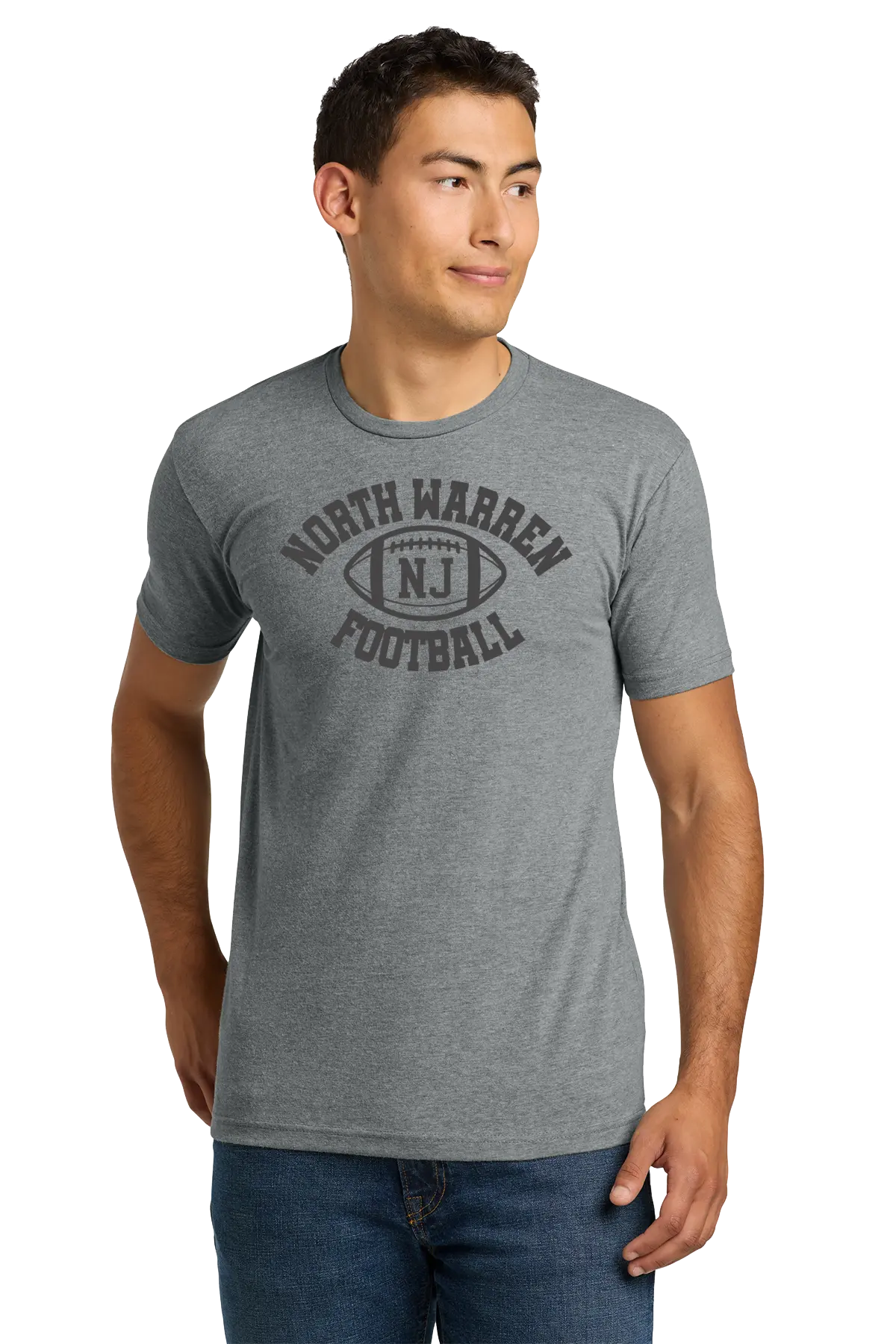 Man wearing a gray t-shirt with 'North Warren Football' text on a white background. Paper Street Print Co, Blairstown, NJ.
