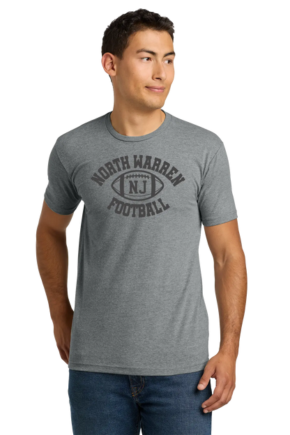 Man wearing a gray t-shirt with 'North Warren Football' text on a white background. Paper Street Print Co, Blairstown, NJ.