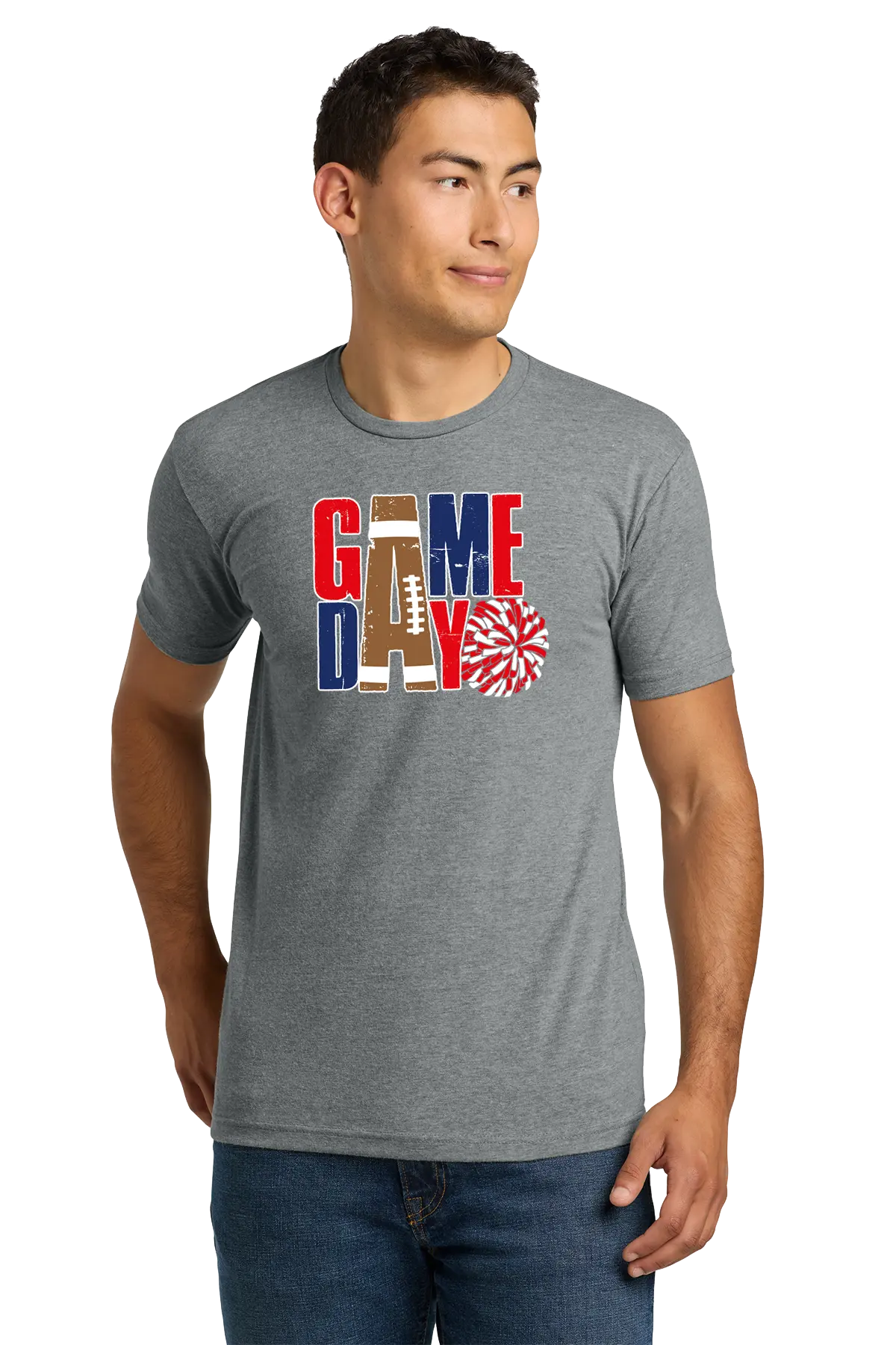 Man wearing a gray t-shirt with 'GAMEDAY' design on a white background. Paper Street Print Co, Blairstown, NJ.