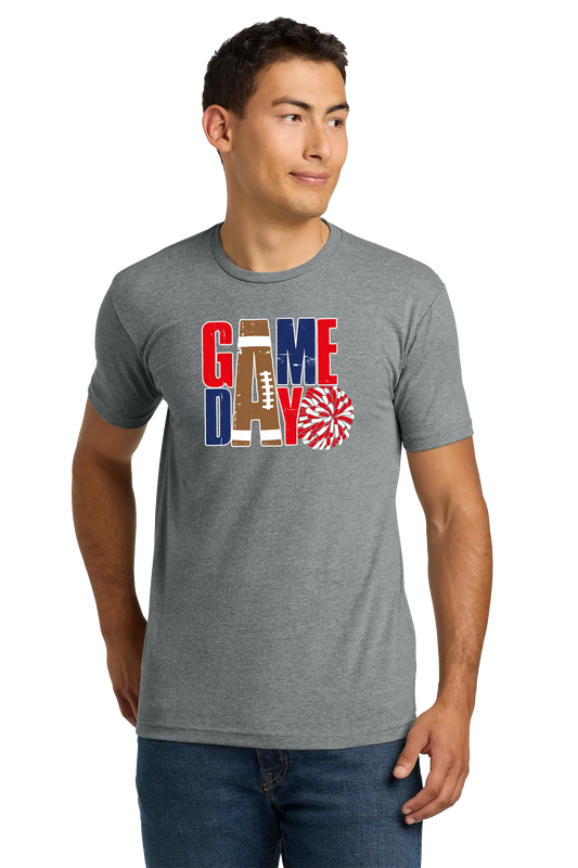 Man wearing a gray t-shirt with 'GAMEDAY' design on a white background. Paper Street Print Co, Blairstown, NJ.