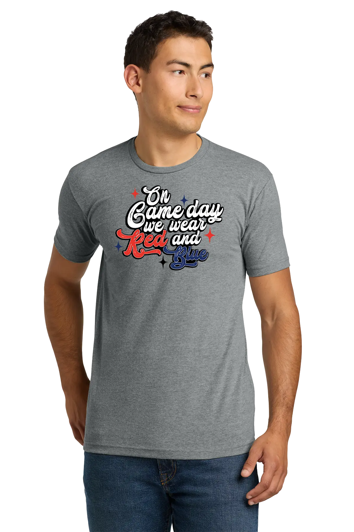 Man wearing a gray t-shirt with a colorful graphic design on a white background. Paper Street Print Co, Blairstown, NJ.