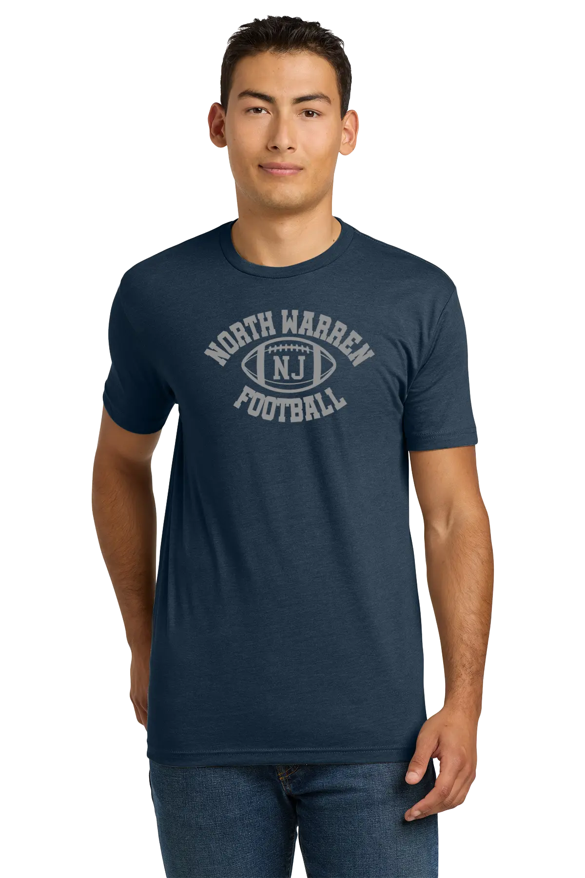 Man wearing a navy blue t-shirt with 'North Warren Football NJ' text on a white background. Paper Street Print Co, Blairstown, NJ.