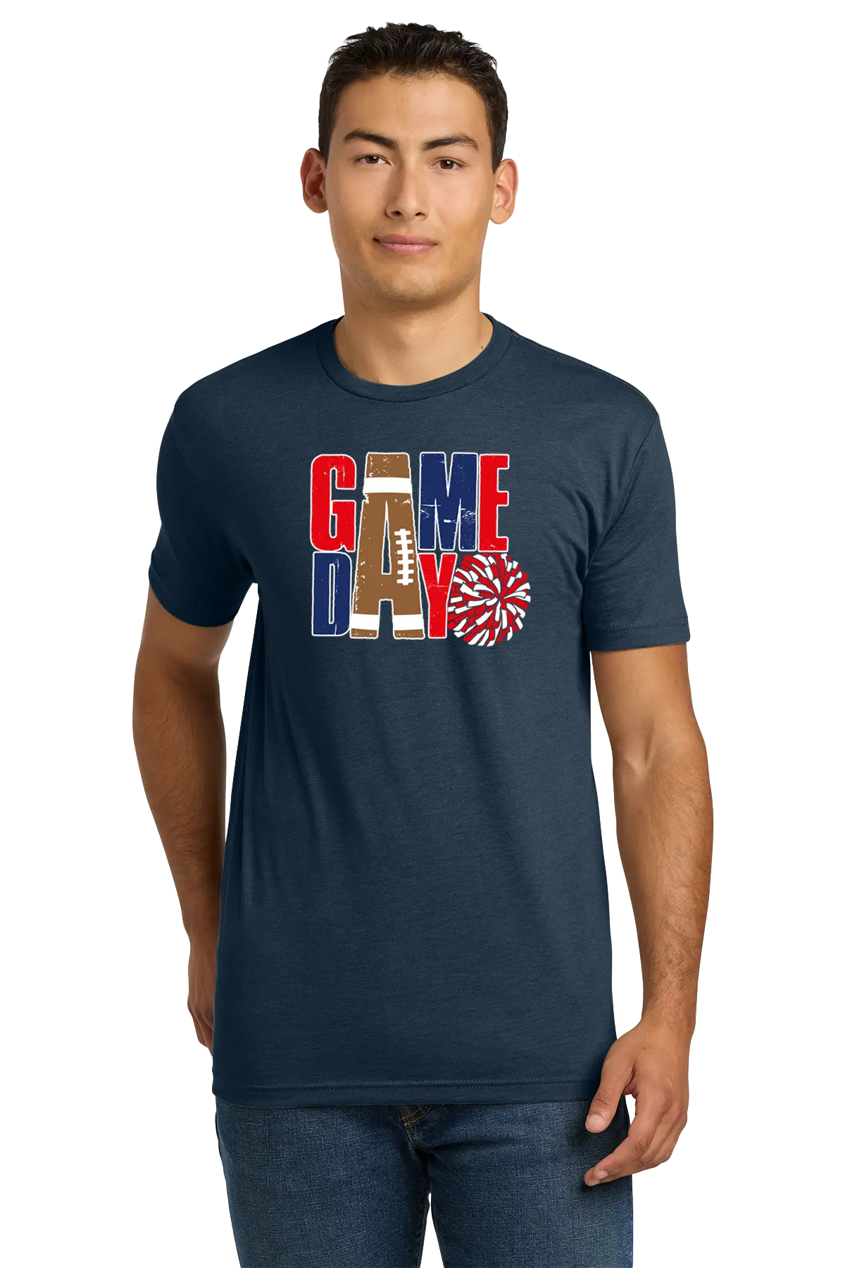 Man wearing a navy blue t-shirt with colorful graphics and text on a white background. Paper Street Print Co, Blairstown, NJ.