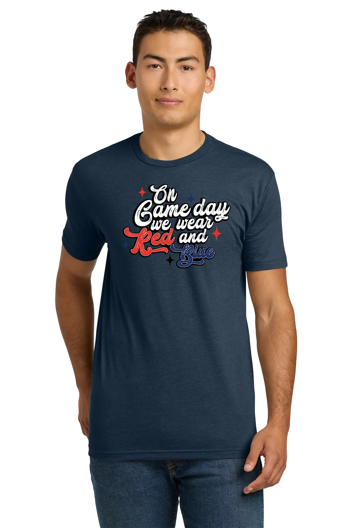 Man wearing a navy blue t-shirt with text on a white background. Paper Street Print Co, Blairstown, NJ.