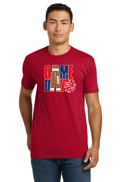 Man wearing a red 'Game Day' t-shirt with sports-themed graphics on a white background. Paper Street Print Co, Blairstown, NJ.