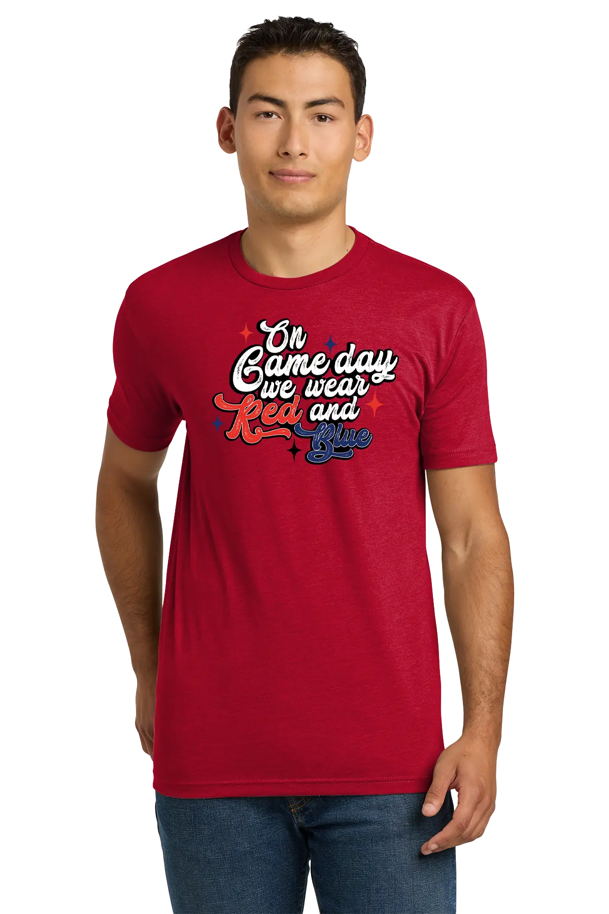 Man wearing a red t-shirt with text on a white background. Paper Street Print Co, Blairstown, NJ.