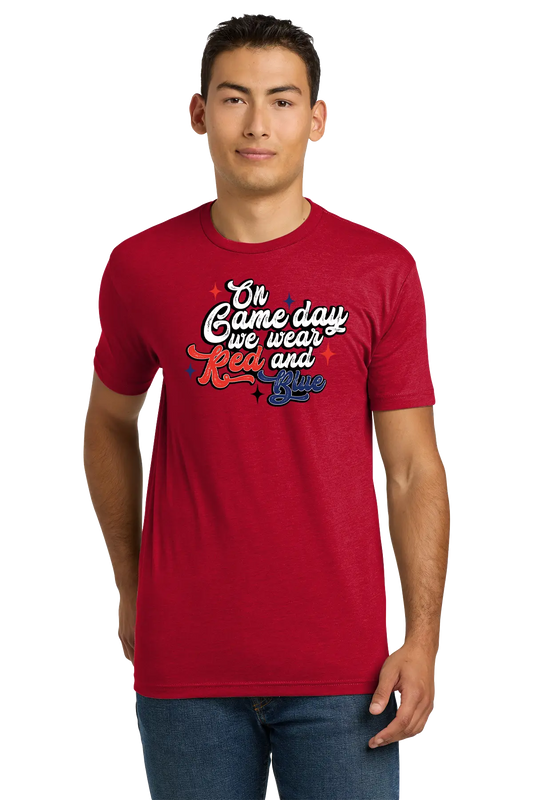 Man wearing a red t-shirt with text on a white background. Paper Street Print Co, Blairstown, NJ.