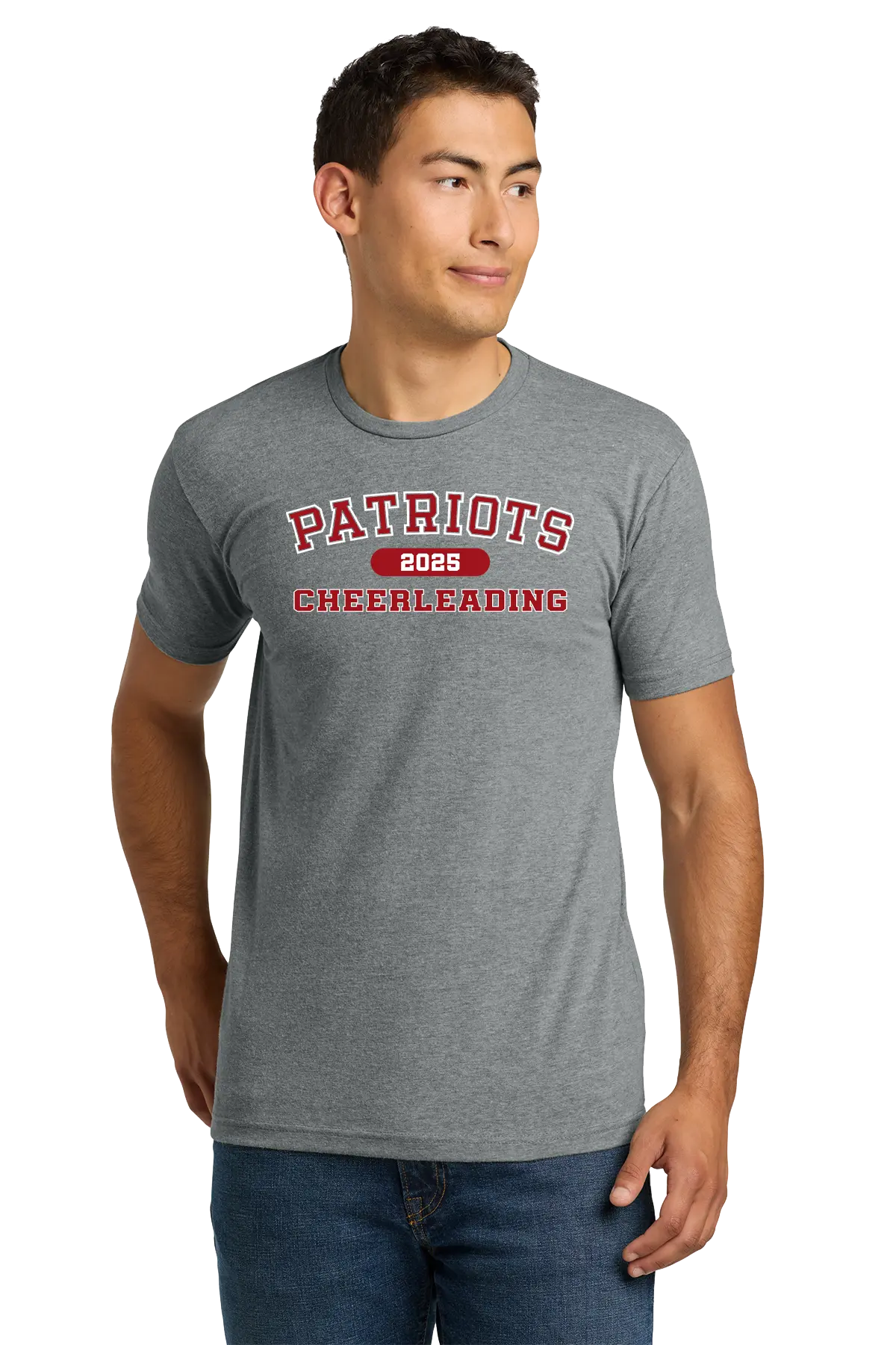 Man wearing a gray t-shirt with 'Patriots Cheerleading' text on a white background. Paper Street Print Co, Blairstown, NJ.
