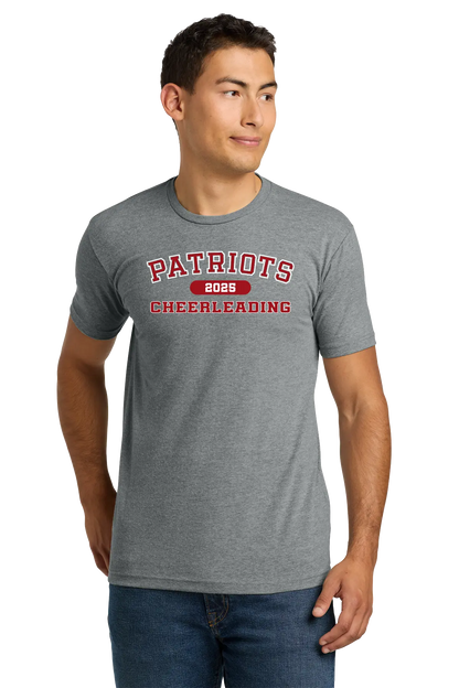 Man wearing a gray t-shirt with 'Patriots Cheerleading' text on a white background. Paper Street Print Co, Blairstown, NJ.