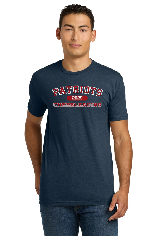 Man wearing a navy blue t-shirt with 'Patriots 2025 Cheerleading' text on a white background. Paper Street Print Co, Blairstown, NJ.