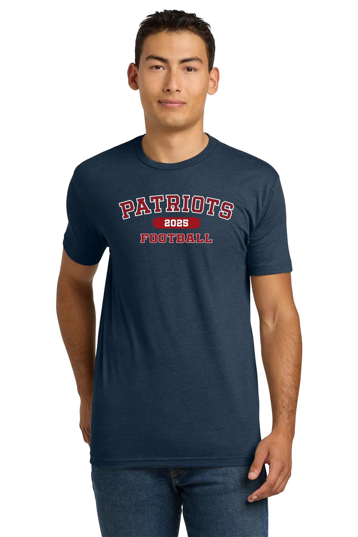 Man wearing a navy blue t-shirt with 'Patriots Football' text on a white background. Paper Street Print Co, Blairstown, NJ.