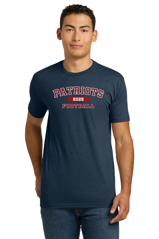 Man wearing a navy blue t-shirt with 'Patriots Football' text on a white background. Paper Street Print Co, Blairstown, NJ.