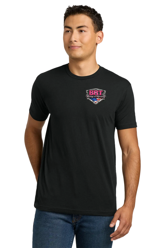 Man wearing a black t-shirt with a logo on a white background. BRT Towing & Recovery, Paper Street Print Co, Blairstown, NJ.