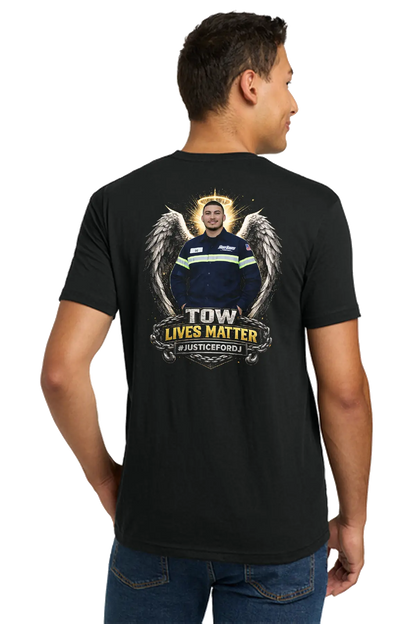 Person wearing a black t-shirt with a graphic design on the back, featuring text and an image of a person in a sports jersey. #JusticeforDJ - Paper Street Print Co, Blairstown, NJ.