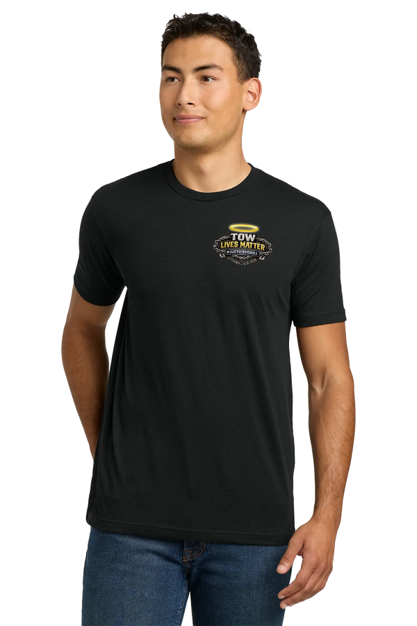 Man wearing a black t-shirt with a yellow graphic and text on a white background. #JusticeforDJ - Paper Street Print Co, Blairstown, NJ.