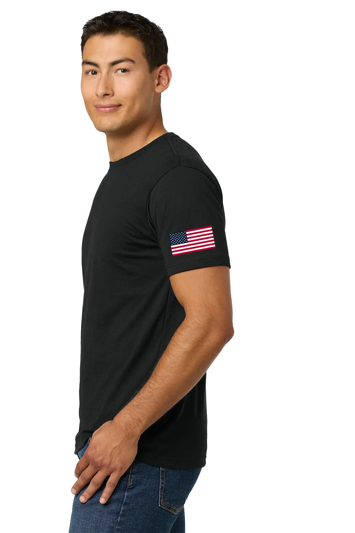Man wearing a black t-shirt with an American flag on the sleeve against a white background. #JusticeforDJ - Paper Street Print Co, Blairstown, NJ.