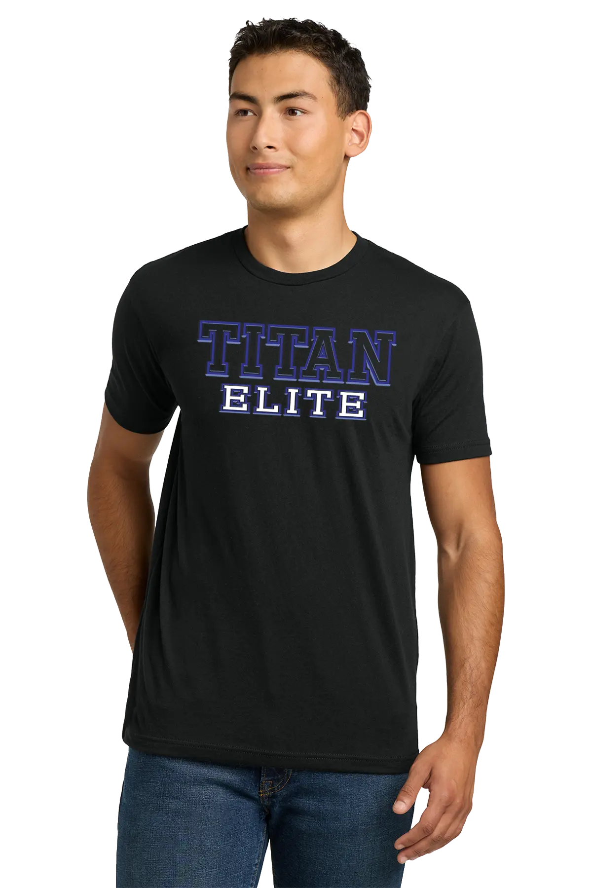 Man wearing a black t-shirt with 'TITAN ELITE' text on a white background. Paper Street Print Co, Blairstown, NJ.
