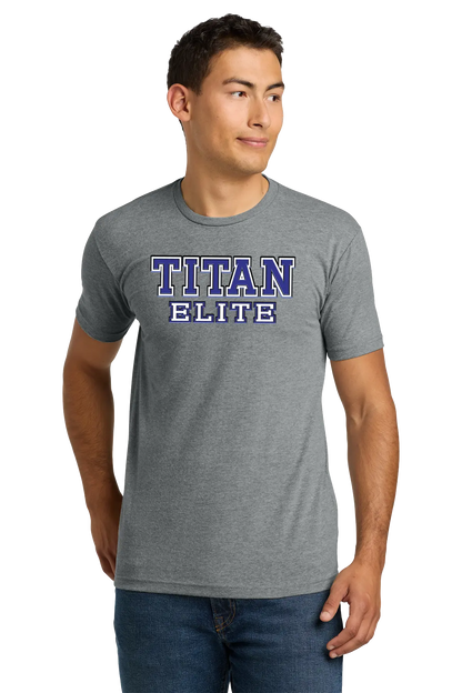 Man wearing a gray t-shirt with 'TITAN ELITE' text on a white background. Paper Street Print Co, Blairstown, NJ.