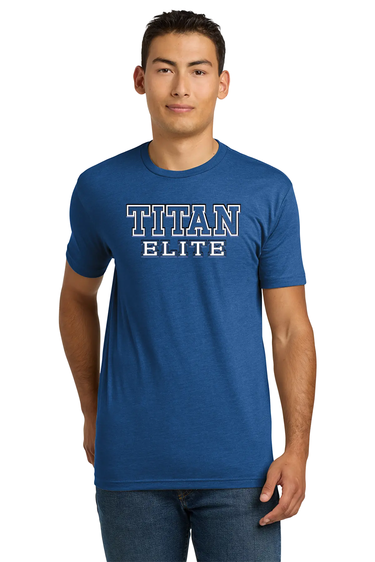 Man wearing a blue 'TITAN ELITE' t-shirt on a white background. Paper Street Print Co, Blairstown, NJ.