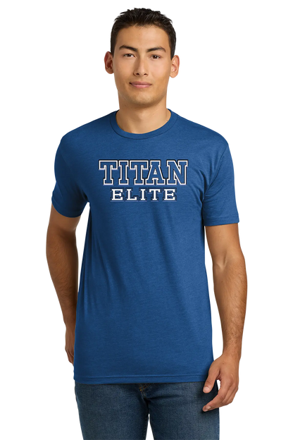 Man wearing a blue 'TITAN ELITE' t-shirt on a white background. Paper Street Print Co, Blairstown, NJ.