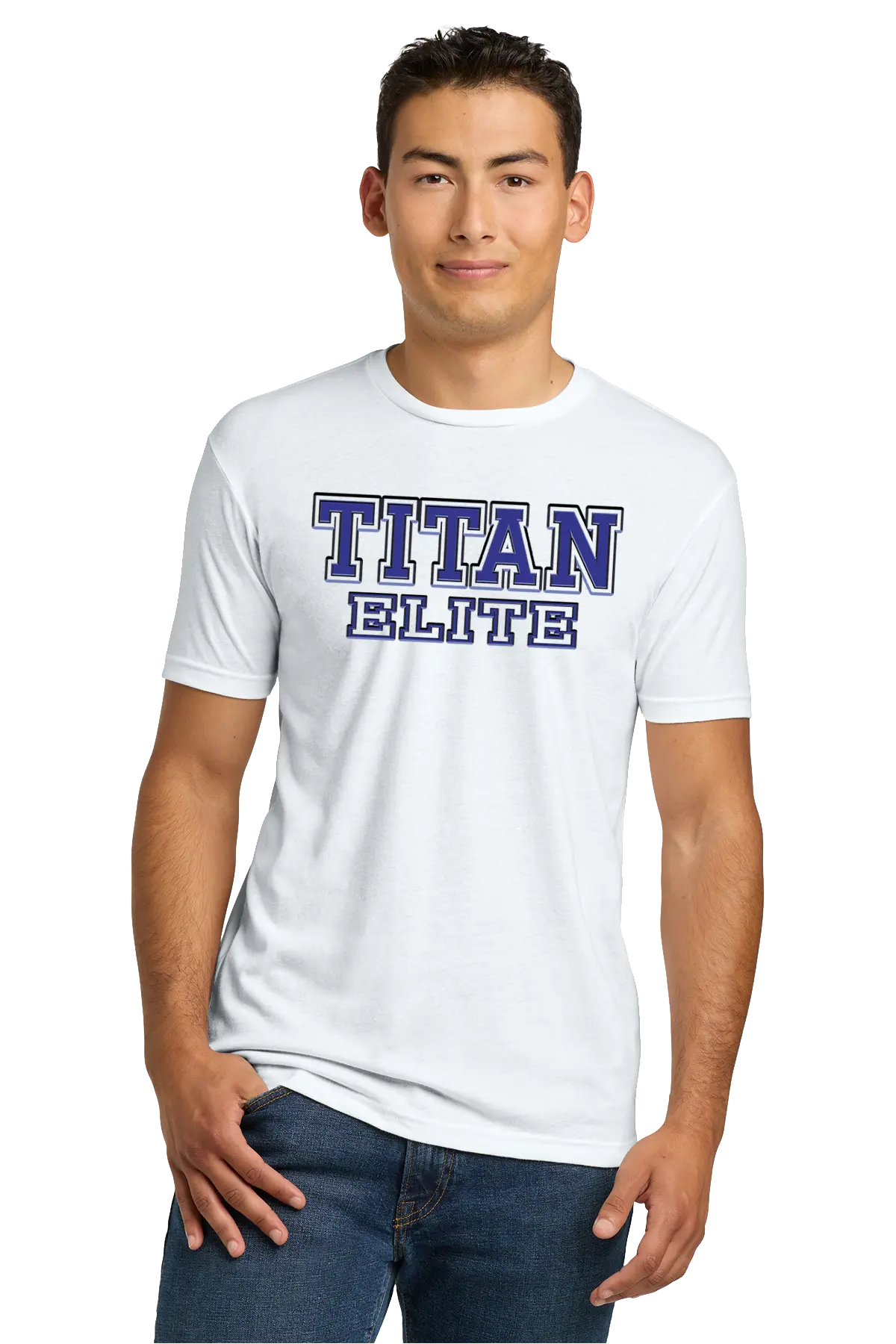 Man wearing a white t-shirt with 'TITAN ELITE' text on a white background. Paper Street Print Co, Blairstown, NJ.