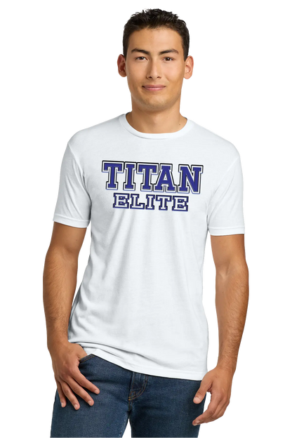 Man wearing a white t-shirt with 'TITAN ELITE' text on a white background. Paper Street Print Co, Blairstown, NJ.