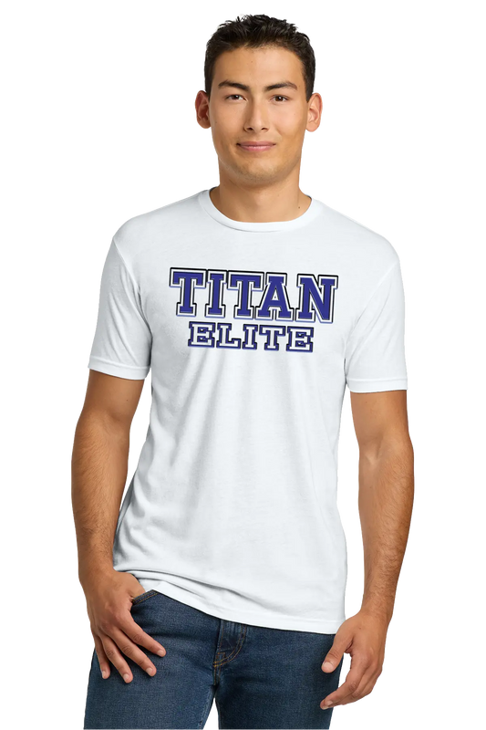 Man wearing a white t-shirt with 'TITAN ELITE' text on a white background. Paper Street Print Co, Blairstown, NJ.