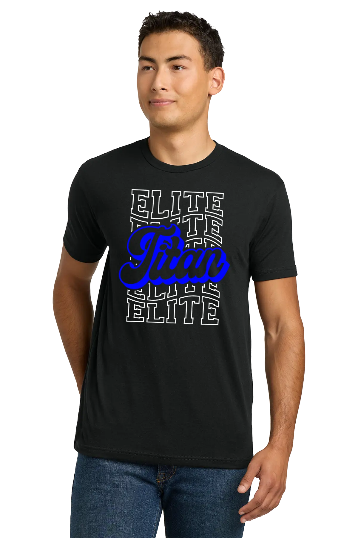 Man wearing a black t-shirt with 'Elite Team' text design on a white background. Paper Street Print Co, Blairstown, NJ.