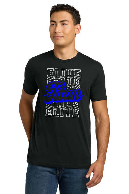Man wearing a black t-shirt with 'Elite Team' text design on a white background. Paper Street Print Co, Blairstown, NJ.