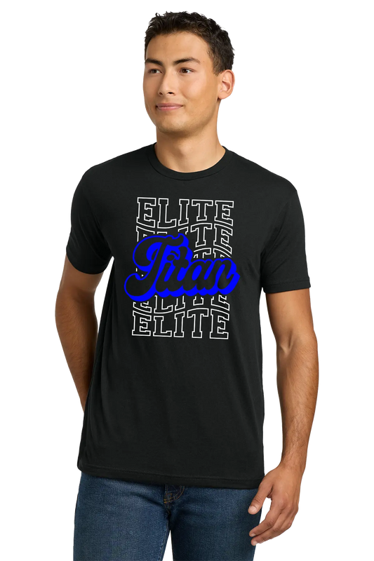 Man wearing a black t-shirt with 'Elite Team' text design on a white background. Paper Street Print Co, Blairstown, NJ.