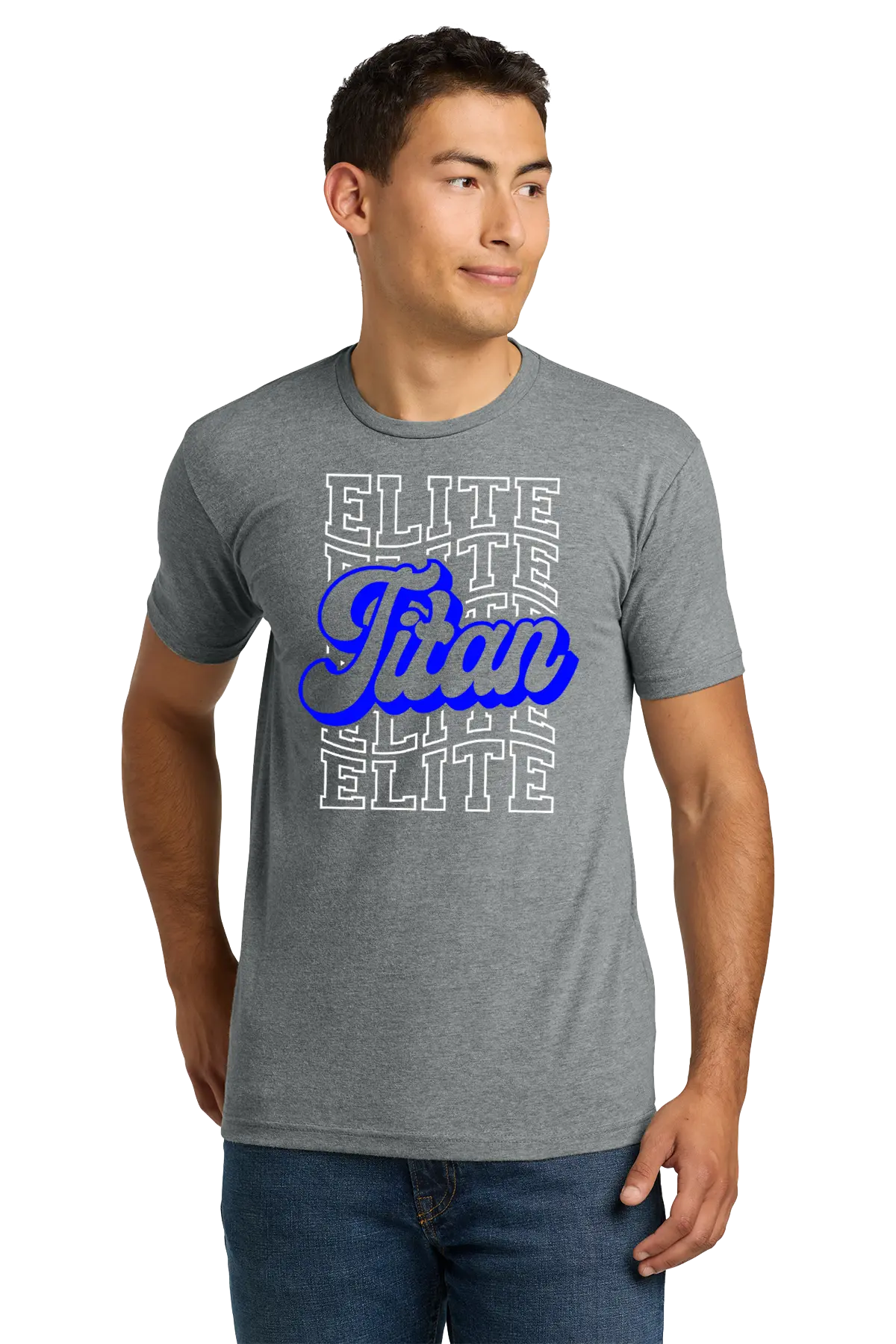Man wearing a gray t-shirt with 'Elite Titan' text design on a white background. Paper Street Print Co, Blairstown, NJ.