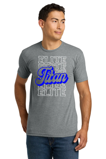 Man wearing a gray t-shirt with 'Elite Titan' text design on a white background. Paper Street Print Co, Blairstown, NJ.