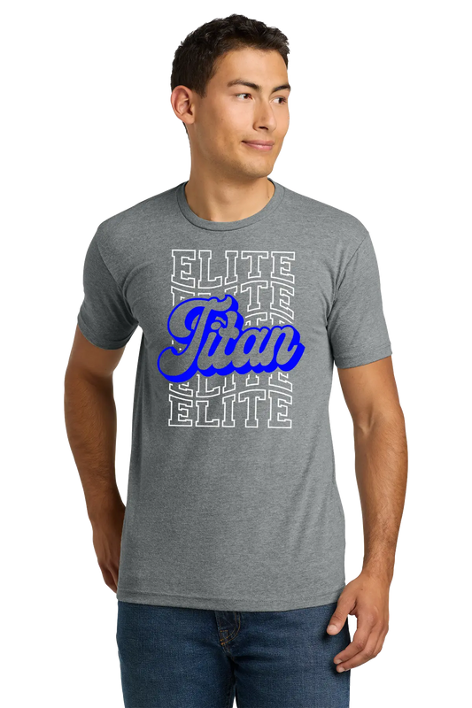 Man wearing a gray t-shirt with 'Elite Titan' text design on a white background. Paper Street Print Co, Blairstown, NJ.