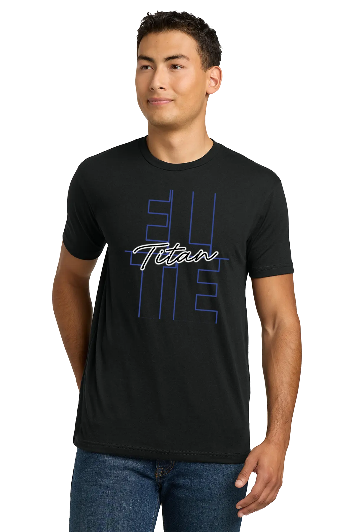 Man wearing a black t-shirt with blue and white text on a white background. Paper Street Print Co, Blairstown, NJ.