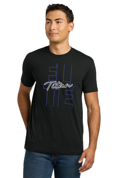 Man wearing a black t-shirt with blue and white text on a white background. Paper Street Print Co, Blairstown, NJ.