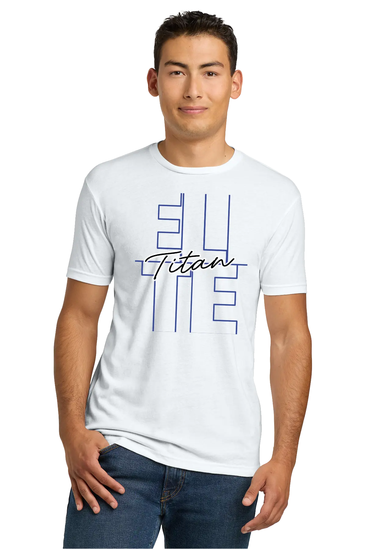 Man wearing a white t-shirt with 'ELITE Titan' text design on a white background. Paper Street Print Co, Blairstown, NJ.