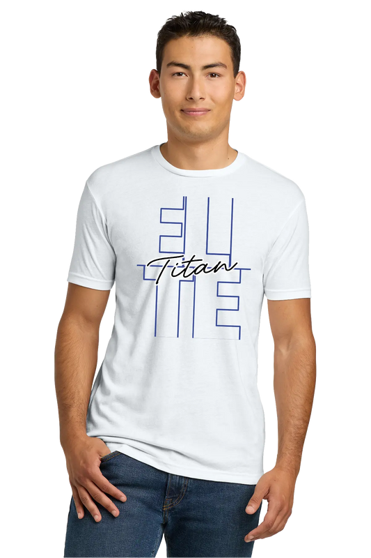 Man wearing a white t-shirt with 'ELITE Titan' text design on a white background. Paper Street Print Co, Blairstown, NJ.