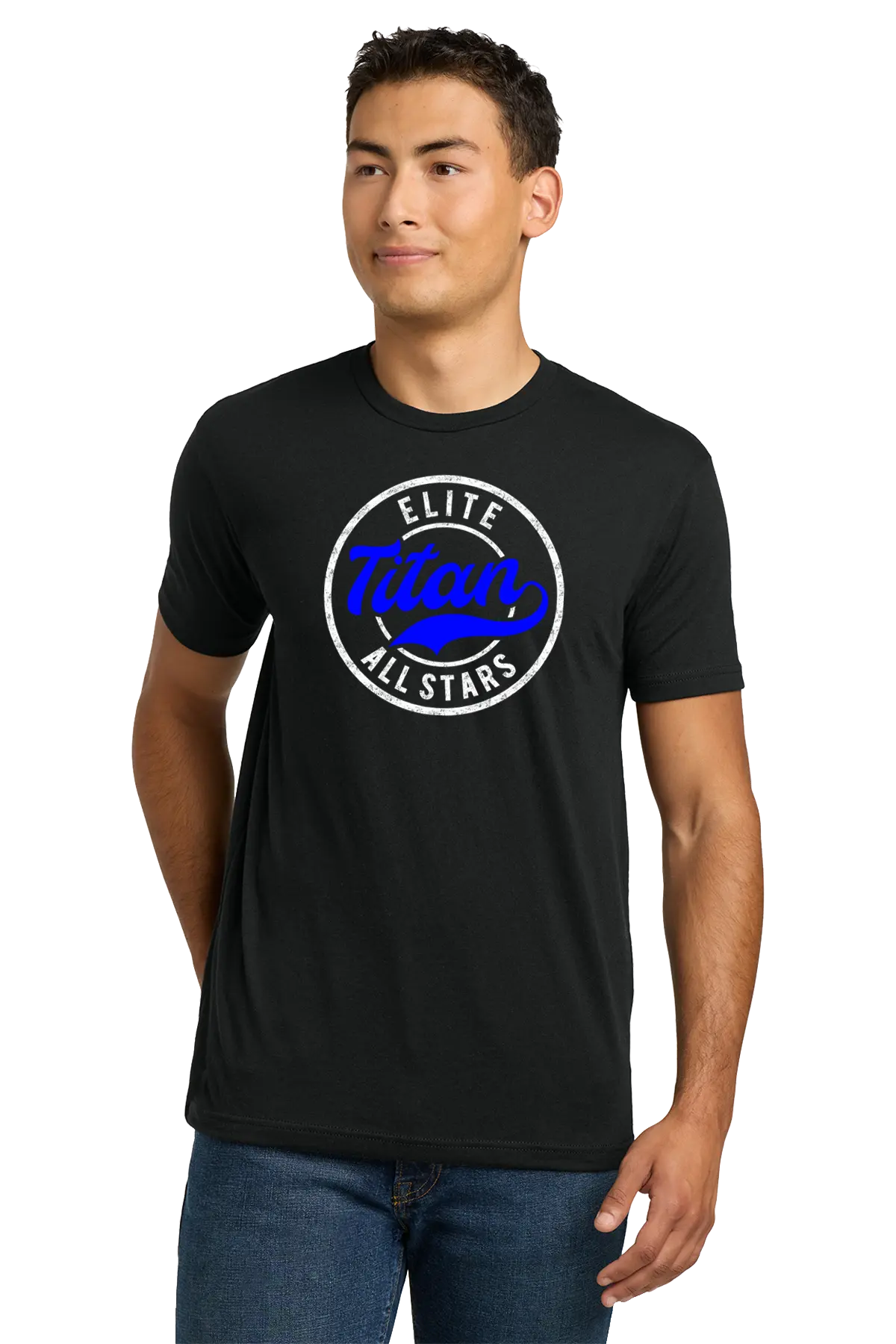 Man wearing a black t-shirt with 'Elite Titan All Stars' logo on a white background. Paper Street Print Co, Blairstown, NJ.