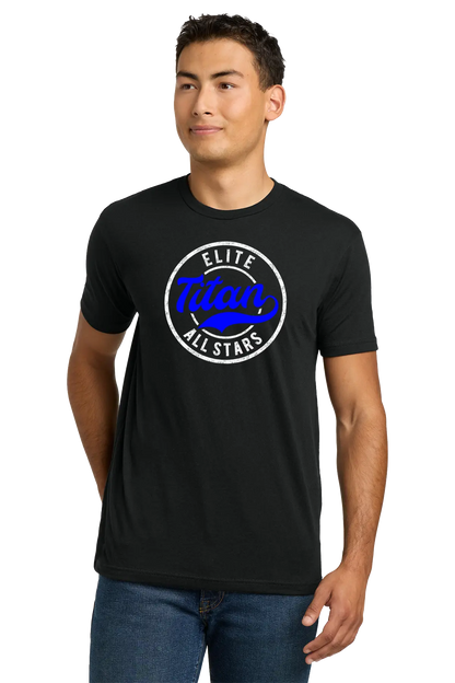 Man wearing a black t-shirt with 'Elite Titan All Stars' logo on a white background. Paper Street Print Co, Blairstown, NJ.