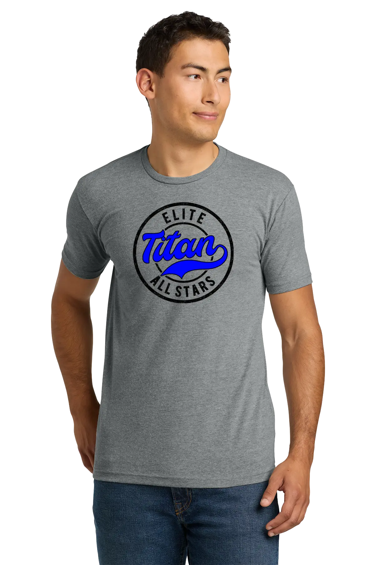 Man wearing a gray t-shirt with 'Titan Elite All Stars' logo on a white background. Paper Street Print Co, Blairstown, NJ.