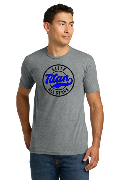 Man wearing a gray t-shirt with 'Titan Elite All Stars' logo on a white background. Paper Street Print Co, Blairstown, NJ.