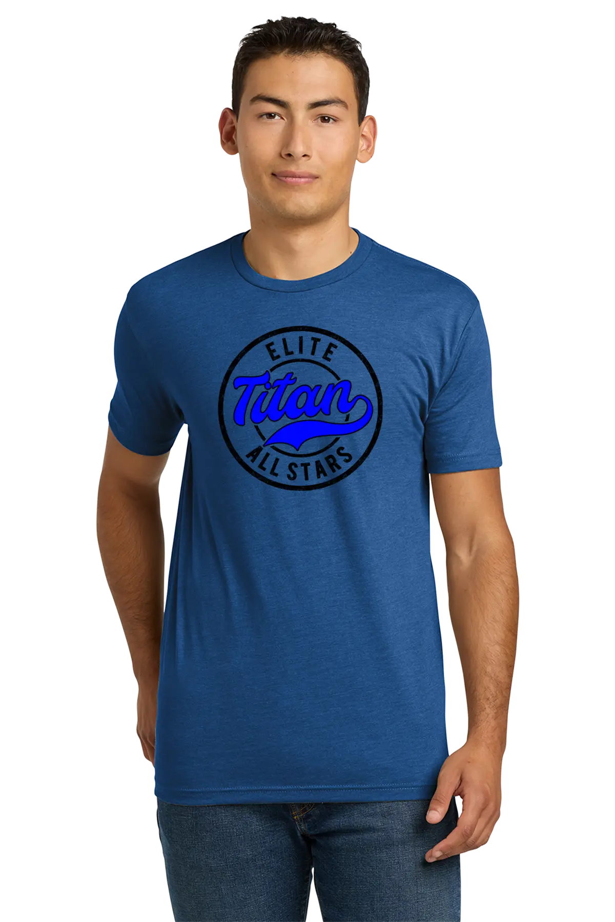 Man wearing a blue t-shirt with 'Elite Titan All Stars' logo on a white background. Paper Street Print Co, Blairstown, NJ.