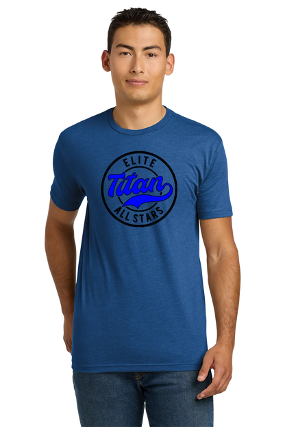 Man wearing a blue t-shirt with 'Elite Titan All Stars' logo on a white background. Paper Street Print Co, Blairstown, NJ.