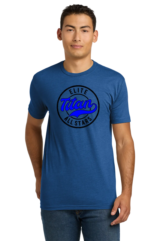 Man wearing a blue t-shirt with 'Elite Titan All Stars' logo on a white background. Paper Street Print Co, Blairstown, NJ.